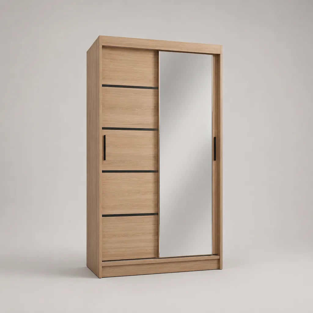 Armoire penderie à 2 portes coulissantes avec miroir en panneaux de particules mélaminés, effet chêne clair, noir et argenté, 120 × 60 × 200 cm