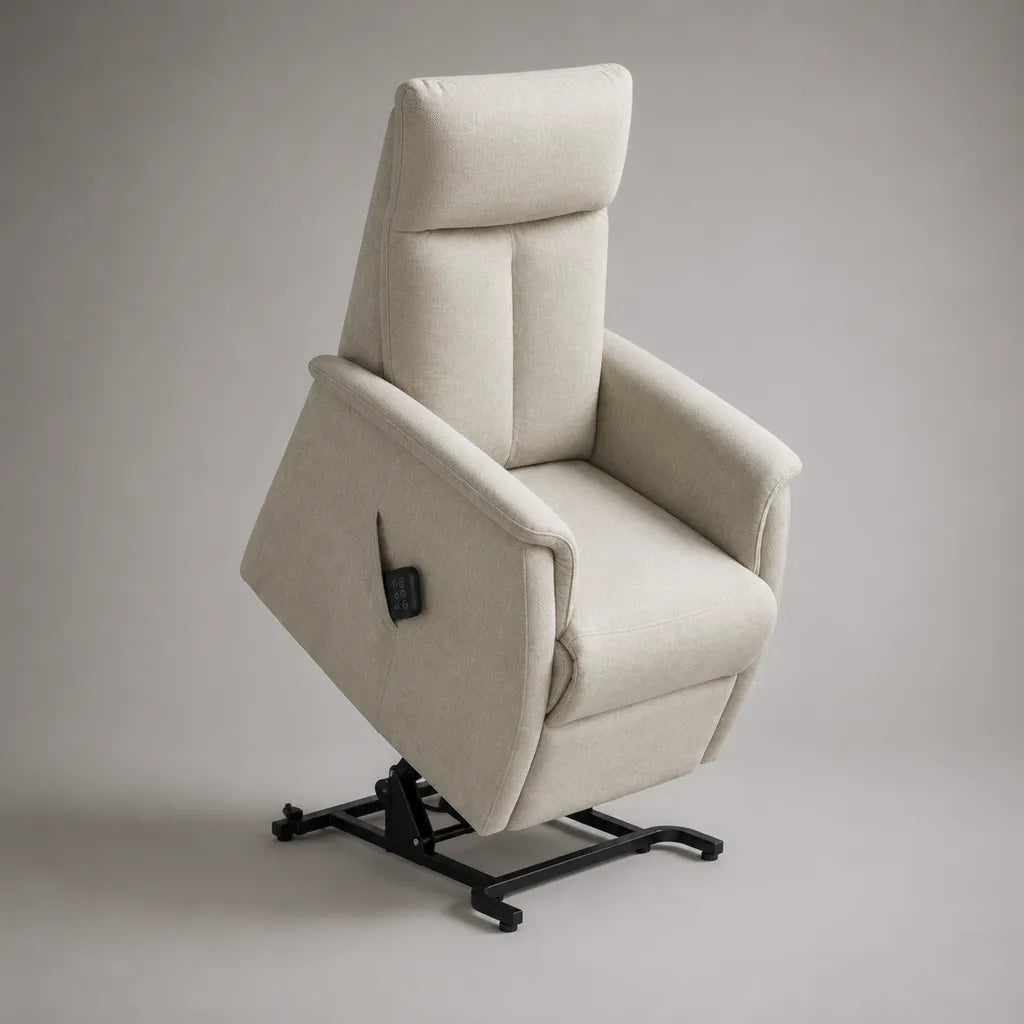 Fauteuil releveur électrique inclinable en polyester beige avec dossier haut, 72 × 90 × 109 cm