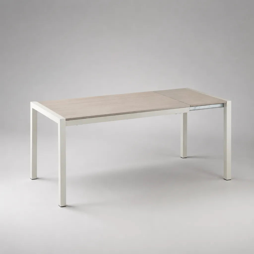 Table à manger extensible rectangulaire en bois et métal, chêne clair et blanc, 120 à 160 x 80 x 75 cm