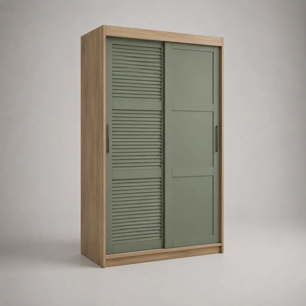Armoire à 2 portes coulissantes en panneaux de particules et MDF, chêne clair et vert sauge, 120 × 60 × 200 cm
