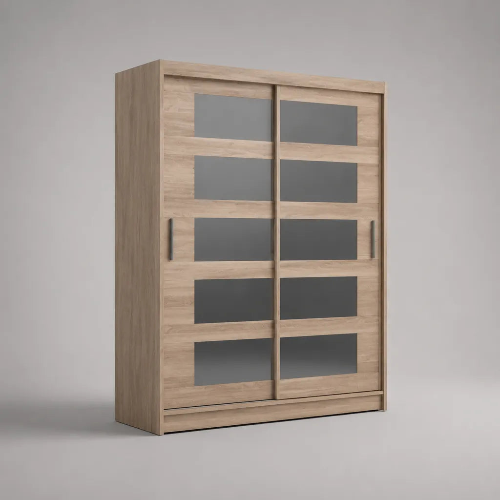 Armoire-penderie en panneaux de particules mélaminés, 2 portes coulissantes avec miroirs gris, chêne clair, 180 × 62 × 215 cm
