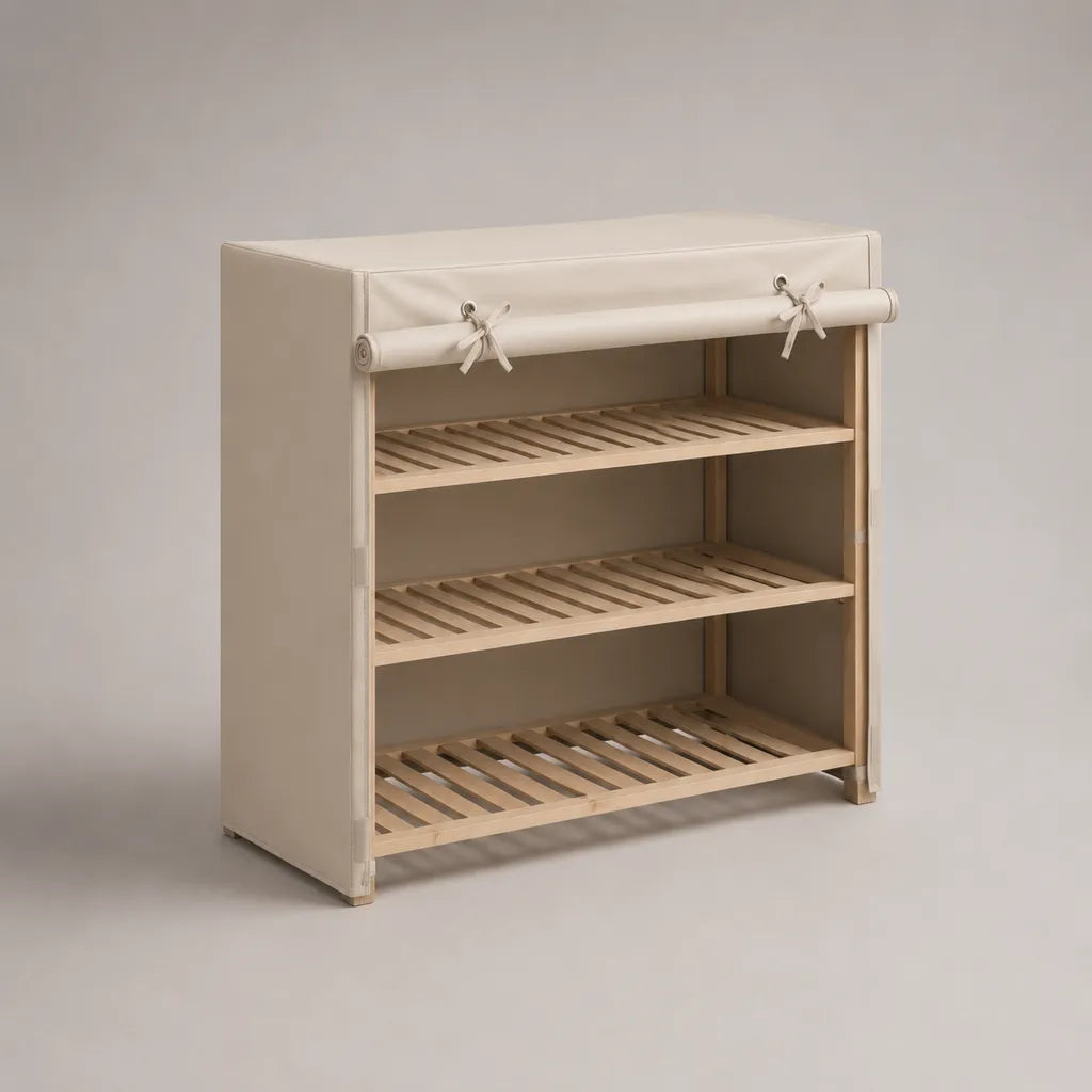 Meuble à chaussures fermé à 3 niveaux en bambou et toile beige, 80 × 30 × 80 cm