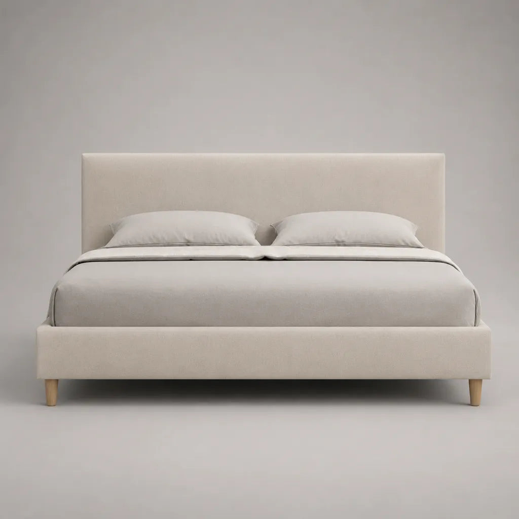 Lit double rembourré en polyester beige 160 × 200 cm avec tête de lit et sommier à lattes