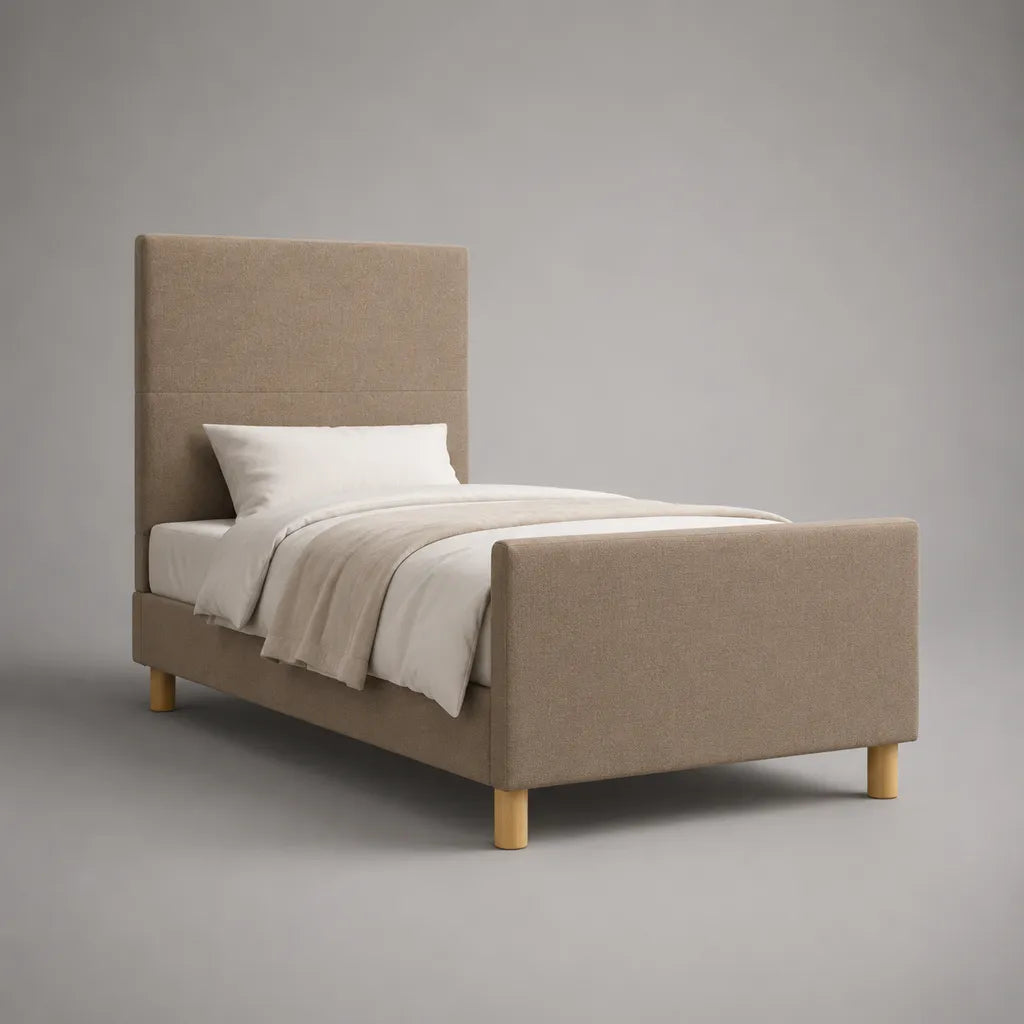Cadre de lit simple rembourré en polyester beige, couchage 90 × 190 cm, dimensions 202 × 101 × 120 cm, avec tête et pied de lit