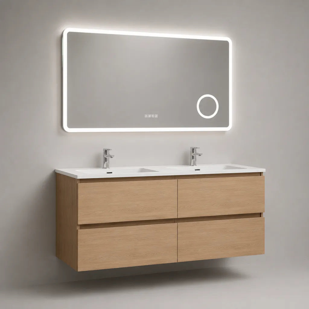 Ensemble meuble sous-vasque suspendu en bois chêne clair avec double vasque blanche, 4 tiroirs et miroir LED, meuble 120 × 46 × 55 cm, miroir 120 × 60 cm
