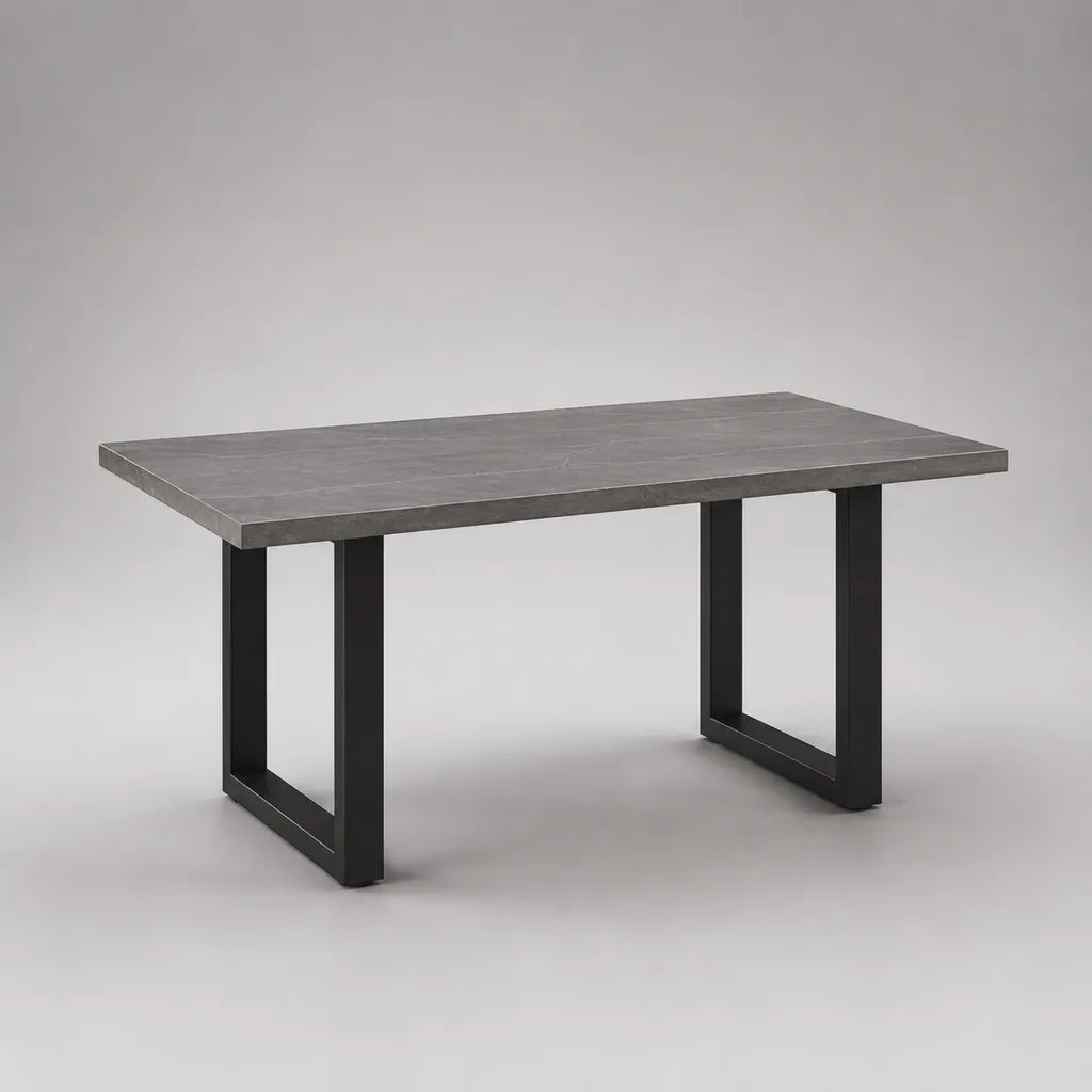 Table à manger rectangulaire 6 personnes en MDF et acier, gris et noir, 140 × 80 × 75 cm