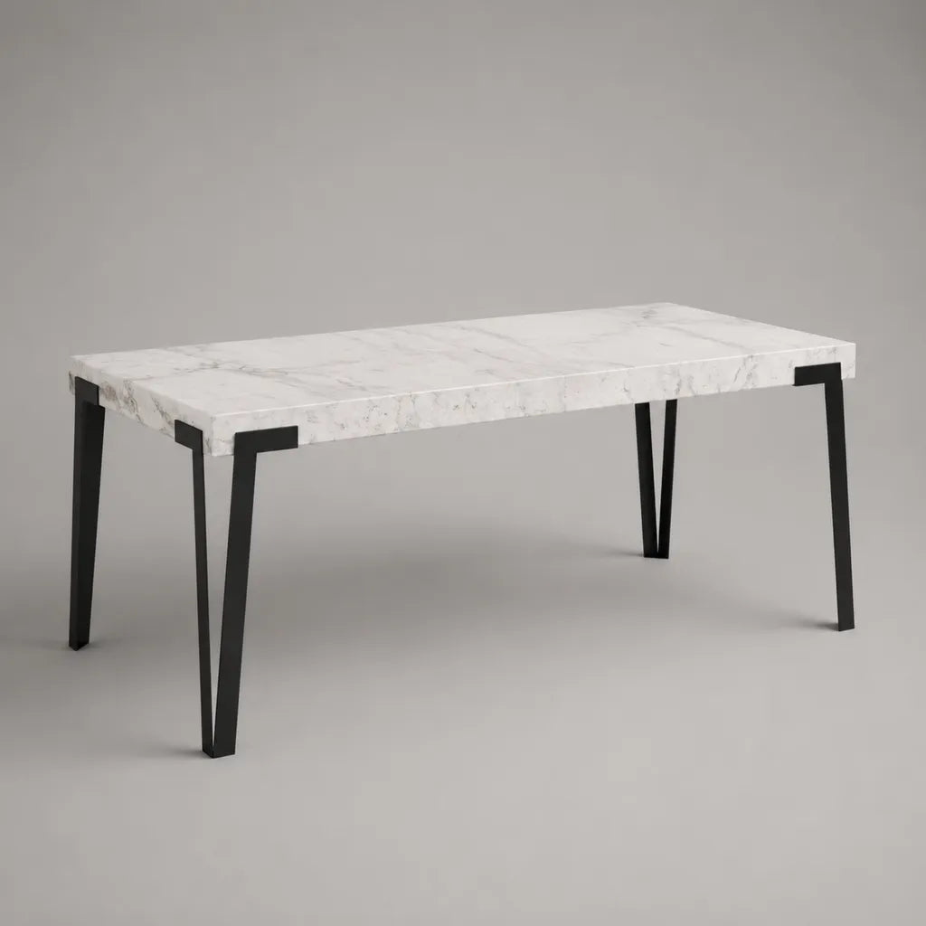 Table à manger rectangulaire 6 personnes en bois MDF effet marbre blanc et métal noir, 160 × 80 × 75 cm