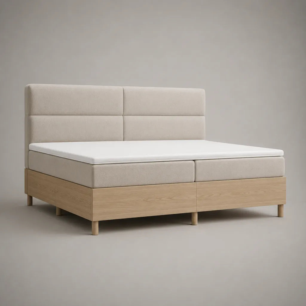 Ensemble lit à sommier tapissier 160 × 200 cm en bois et tissu beige et chêne naturel avec tête de lit, 2 matelas et surmatelas