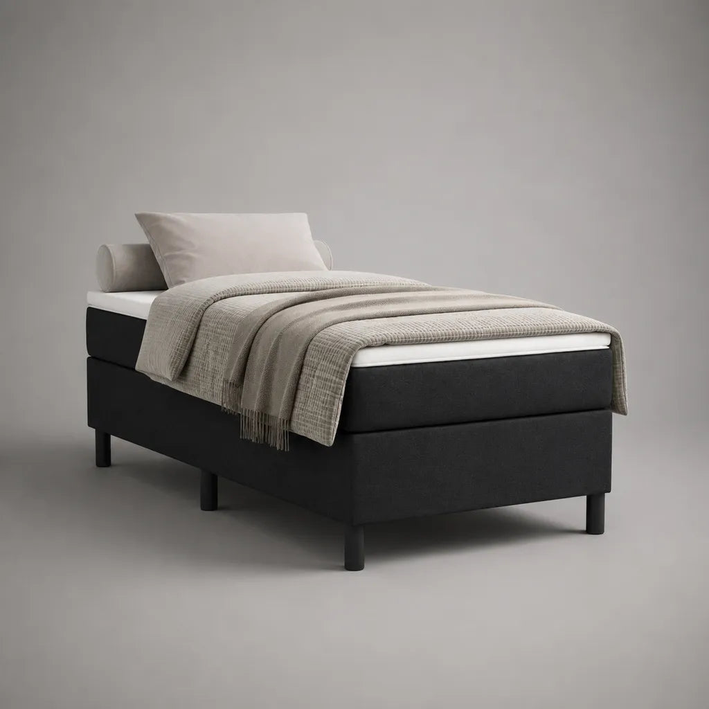 Lit continental 1 place en tissu noir et blanc avec sommier, matelas et surmatelas, 90 × 200 cm