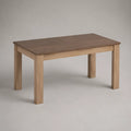 Table à manger extensible rectangulaire en hévéa massif et placage chêne, brun foncé et chêne clair, 120 à 160 × 80 × 75 cm