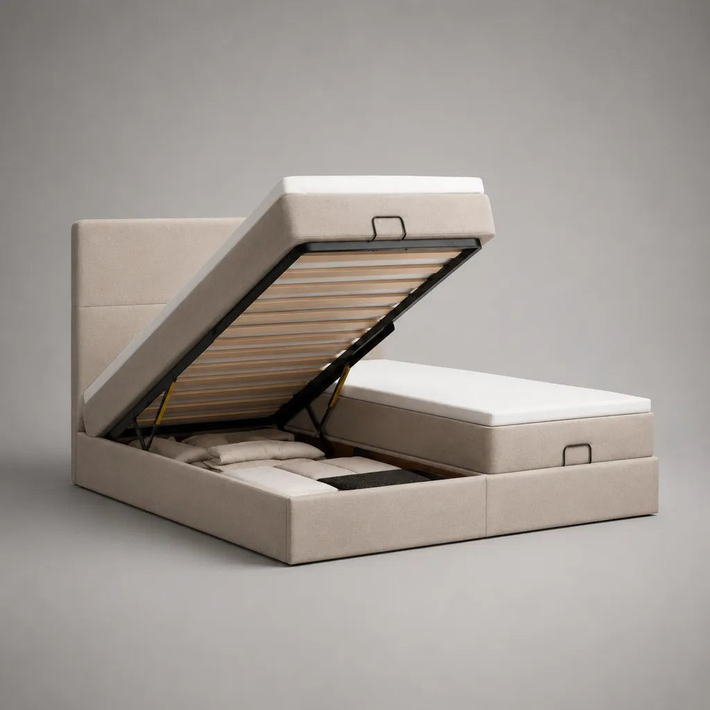 Lit coffre double 180 × 200 cm avec 2 matelas et 2 sommiers à lattes relevables, tissu beige