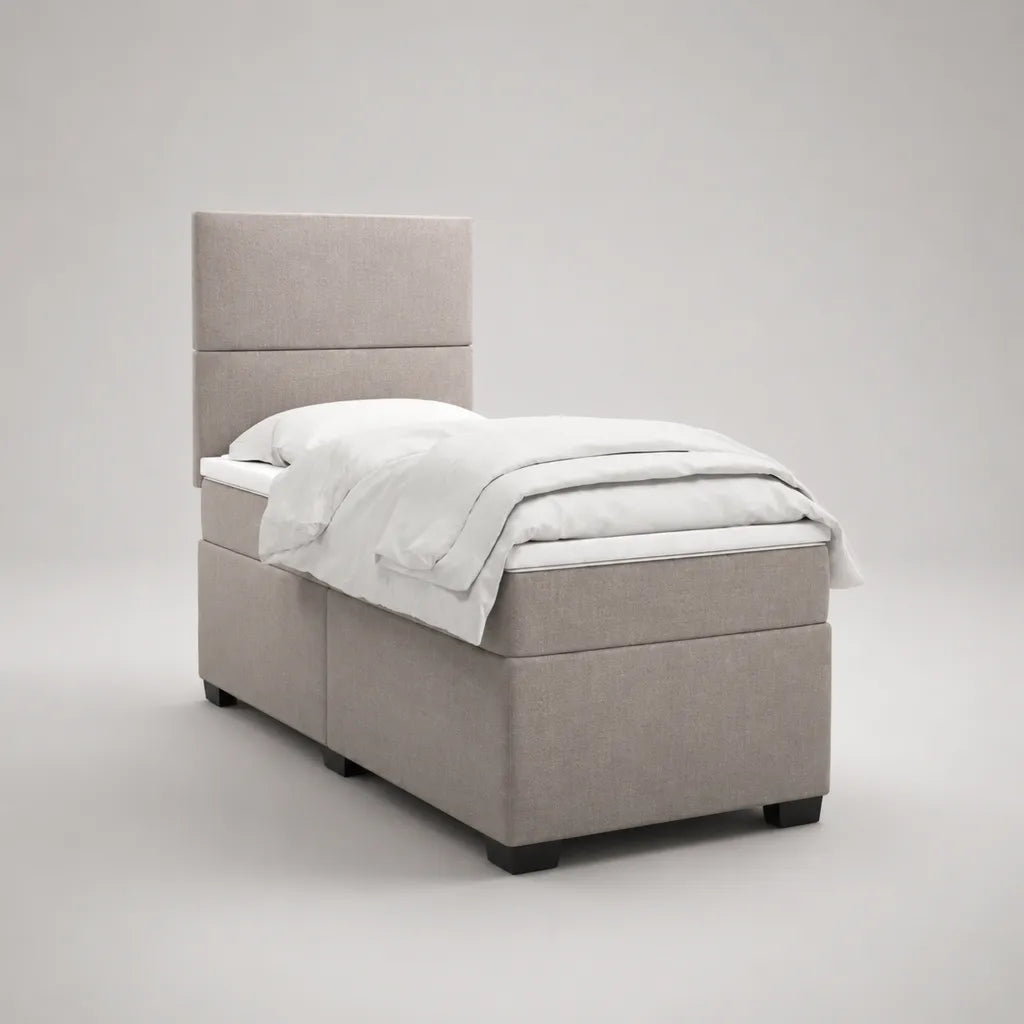 Lit tapissier 1 place avec matelas et tête de lit rectangulaire beige 90 x 200 cm en polyester et MDF