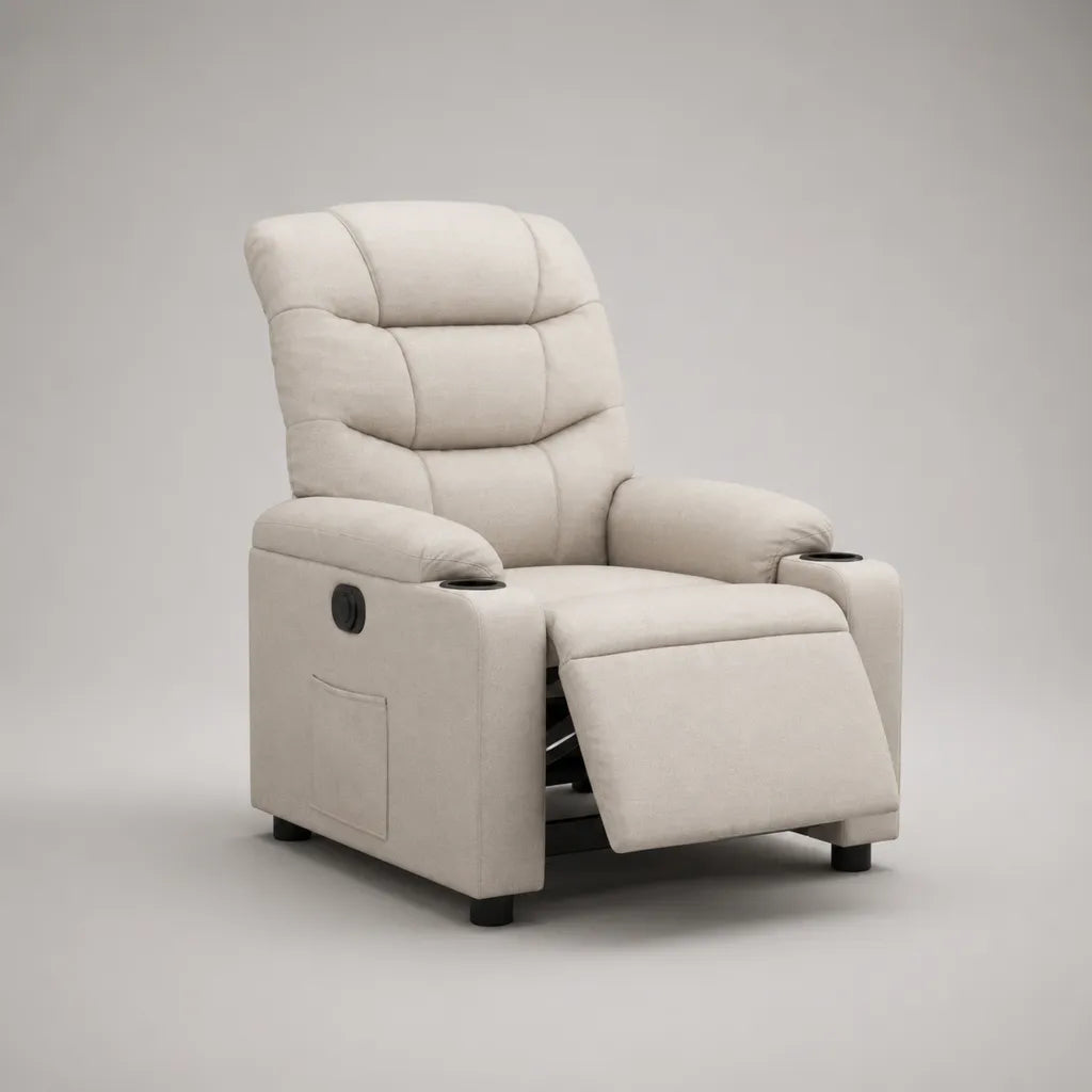 Fauteuil relax manuel en microfibre polyester beige clair avec repose-pieds, dossier haut et 2 porte-gobelets, 89 × 92 × 105 cm