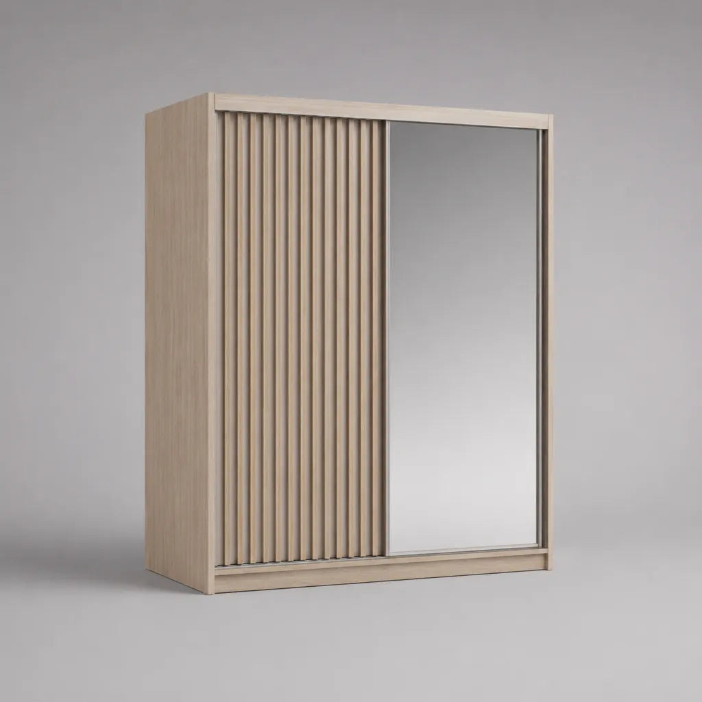 Armoire penderie rectangulaire à 2 portes coulissantes en panneaux de particules et MDF avec miroir, chêne clair, 160 × 60 × 200 cm