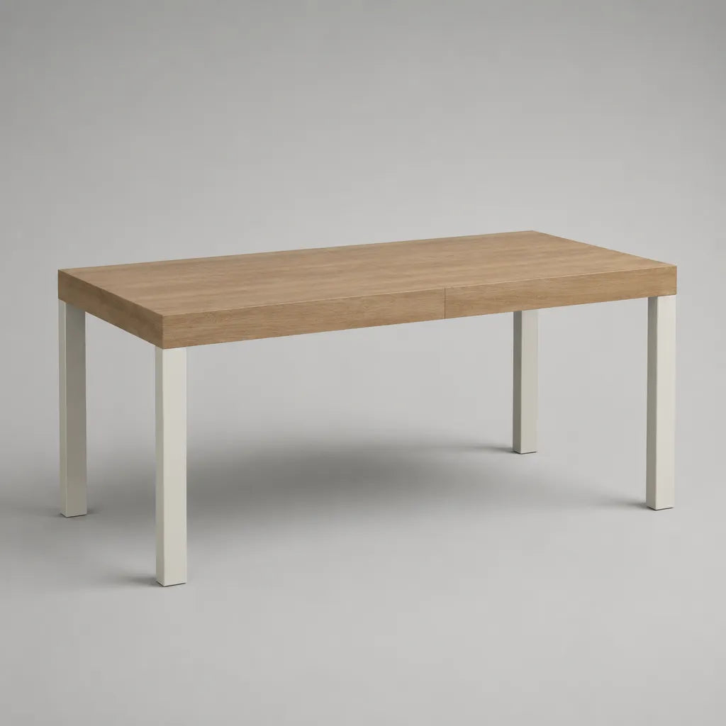 Table à manger rectangulaire 6 places en bois et métal, chêne naturel et blanc, 140 × 80 × 75 cm