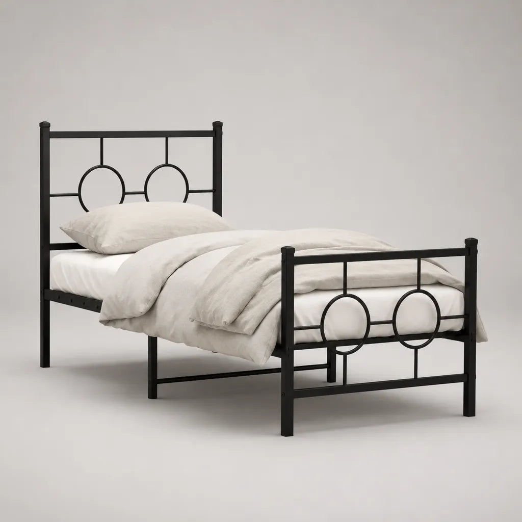 Cadre de lit une place 90 x 190 cm en acier noir avec tête et pied de lit à motifs circulaires
