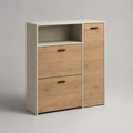 Meuble à chaussures en panneaux de particules mélaminés avec 2 abattants, 1 porte et 1 niche, blanc et chêne clair, 90 × 30 × 120 cm
