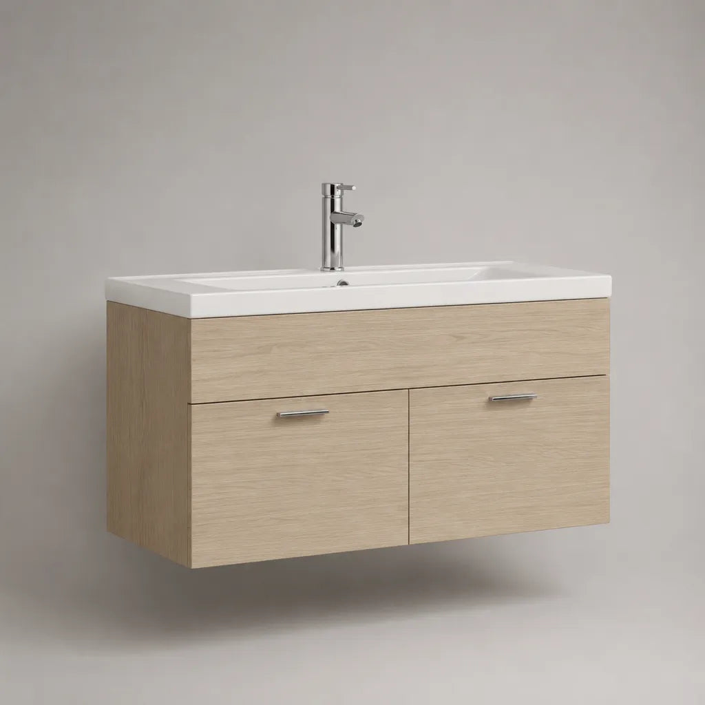 Ensemble 2 pièces avec meuble sous-vasque suspendu en panneaux mélaminés et vasque rectangulaire en céramique, 100 × 46 × 60 cm, chêne clair et blanc