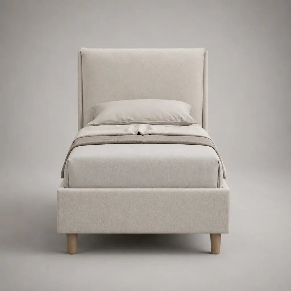 Lit simple 90 × 200 cm en bois et tissu polyester beige avec tête de lit rembourrée