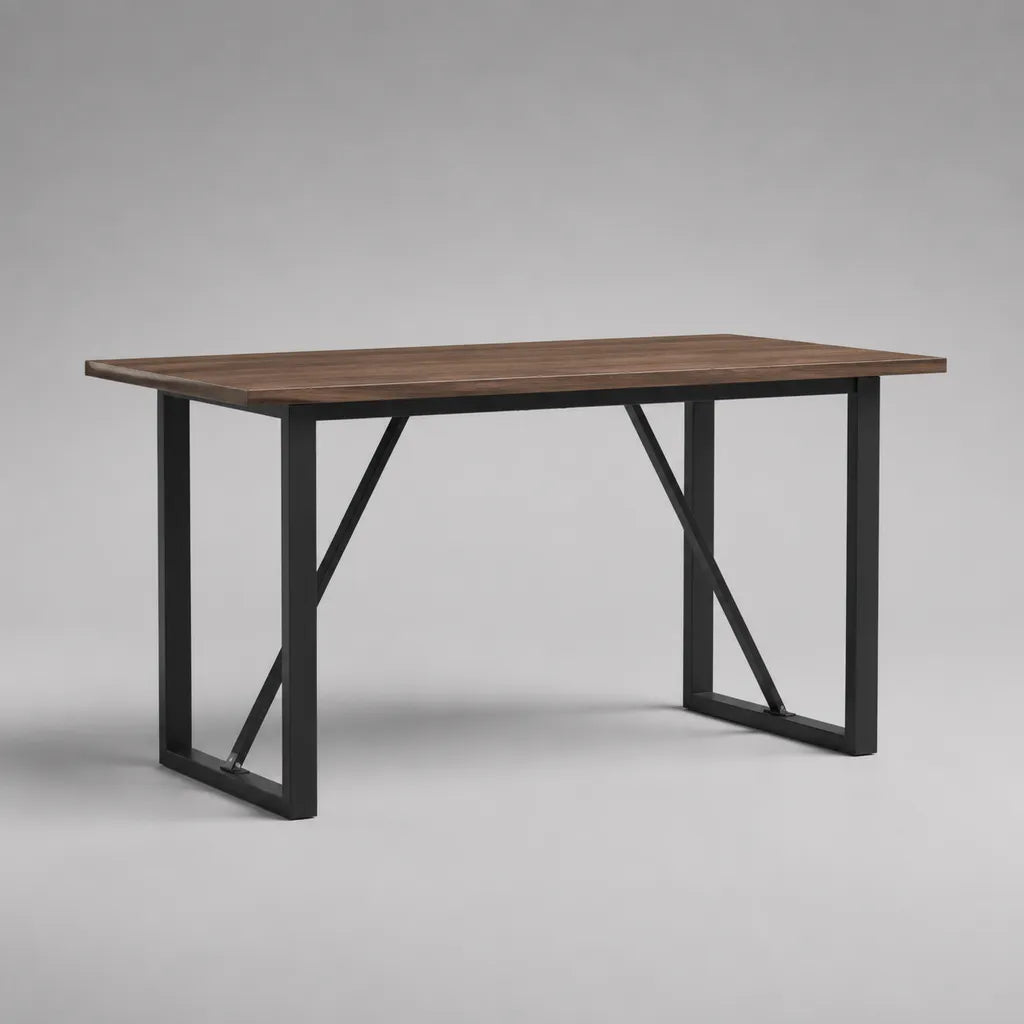 Table à manger rectangulaire 140 × 80 × 75 cm, plateau en panneau de particules brun noyer et structure en acier noir